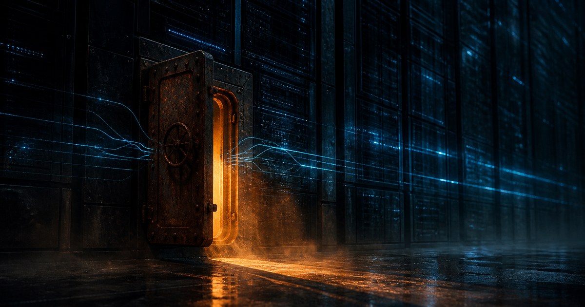 Dark cyberpunk illustration of an old rusted iron hatch standing ajar in a wall of modern dark server racks, orange light spilling onto a wet floor while cyan data traces bend toward the opening.