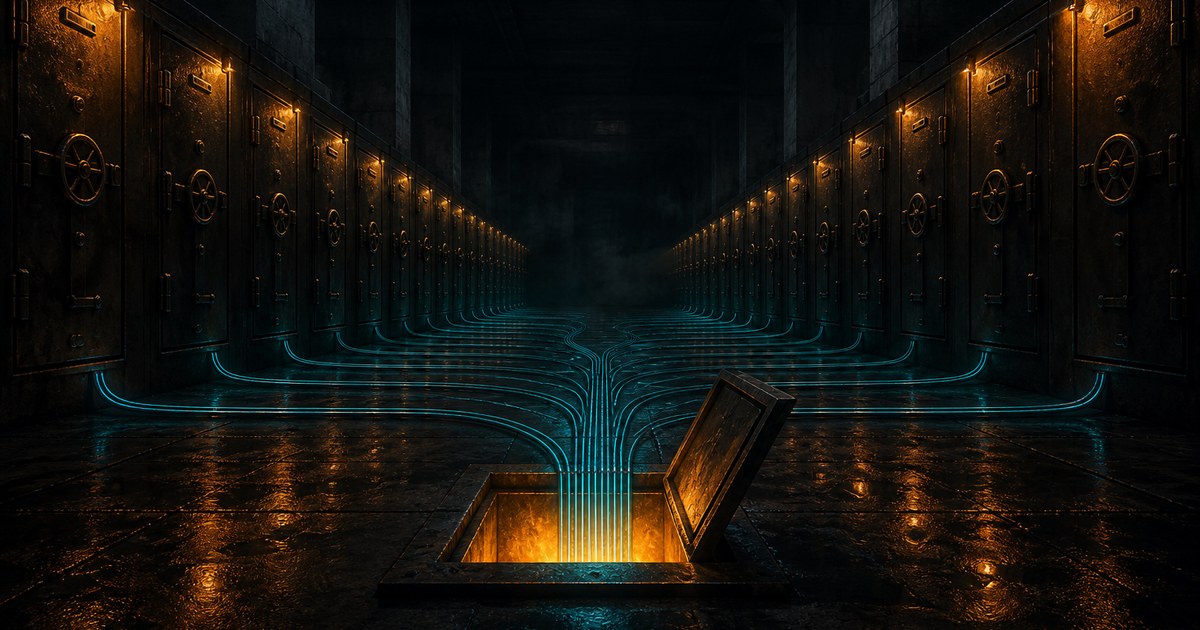 Dark cyberpunk illustration of a dim vault corridor lined with rows of identical sealed vault doors, with a single floor hatch standing open in the foreground spilling amber light, and glowing cyan conduits running from every vault door across the wet floor and down into that one open hatch.