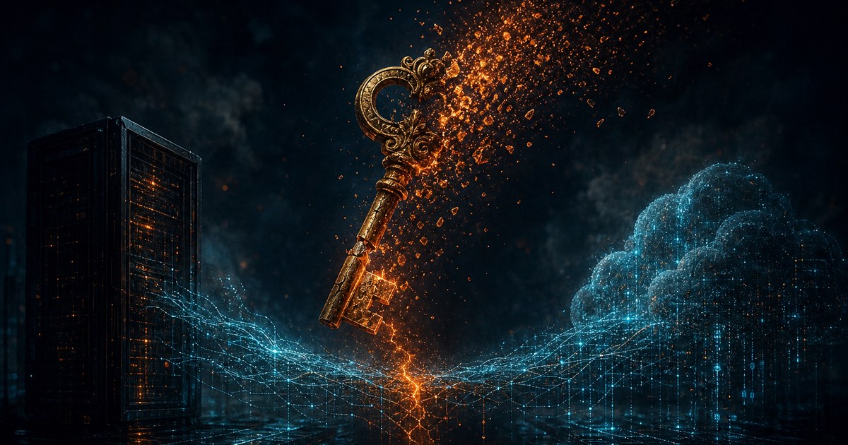 Dark cyberpunk illustration of a fracturing brass key dissolving into orange sparks above a cyan lattice of login traces that bridges an on-premises server tower and a glowing cloud.