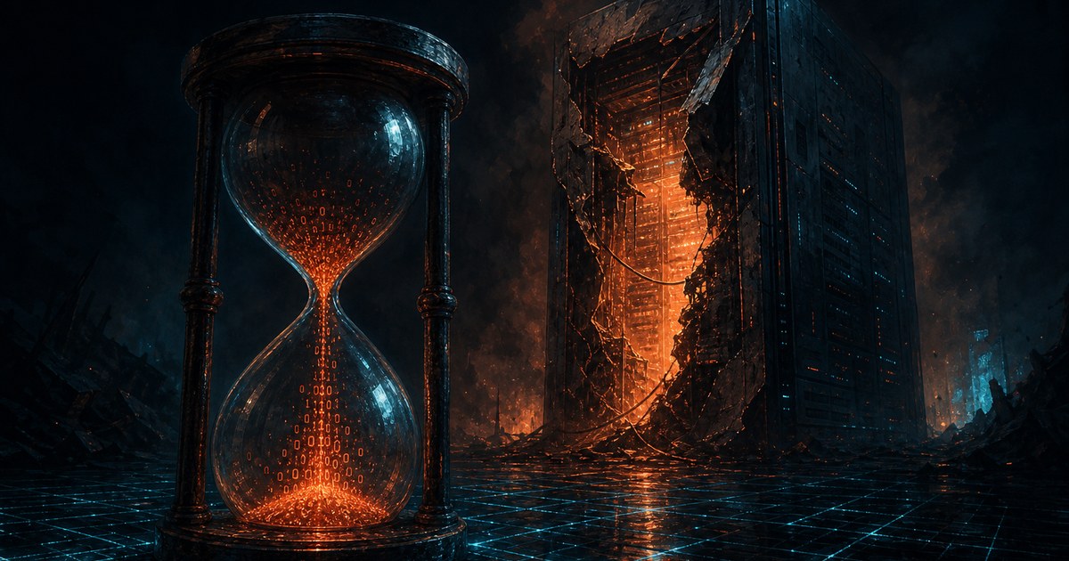 Dark cyberpunk illustration of an aging monolithic server tower with its access panel torn open and orange light spilling out, beside a nearly empty binary-code hourglass over a cyan data grid.