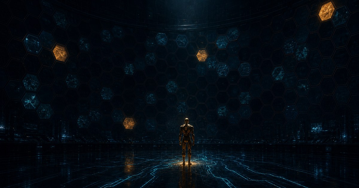 Dark cyberpunk illustration of a dim security operations center where a single glowing amber robotic figure scans a curved wall of cyan alert panels, most of them unlit.
