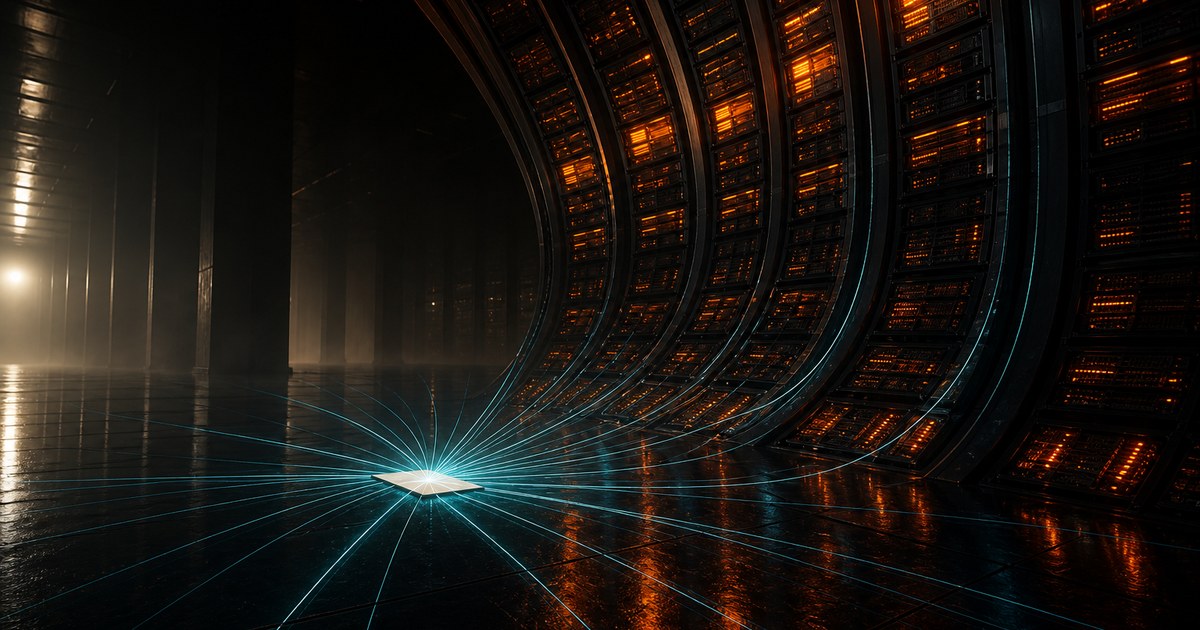 Dark cyberpunk illustration of a single blank sheet of paper lying on a wet black floor in a server hall, thin cyan light threads radiating outward from it across the floor while a curved wall of amber-lit server racks leans toward it.