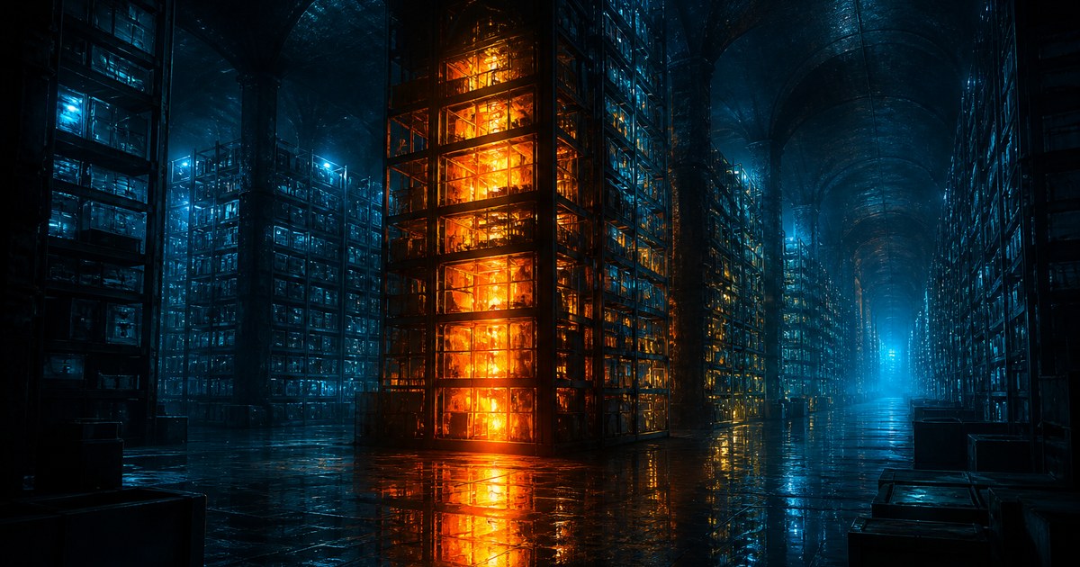 Dark cyberpunk illustration of a vaulted archive of cold cyan storage racks at night, with one rack at the centre burning amber from the inside and its heat bleeding across the floor toward the others.