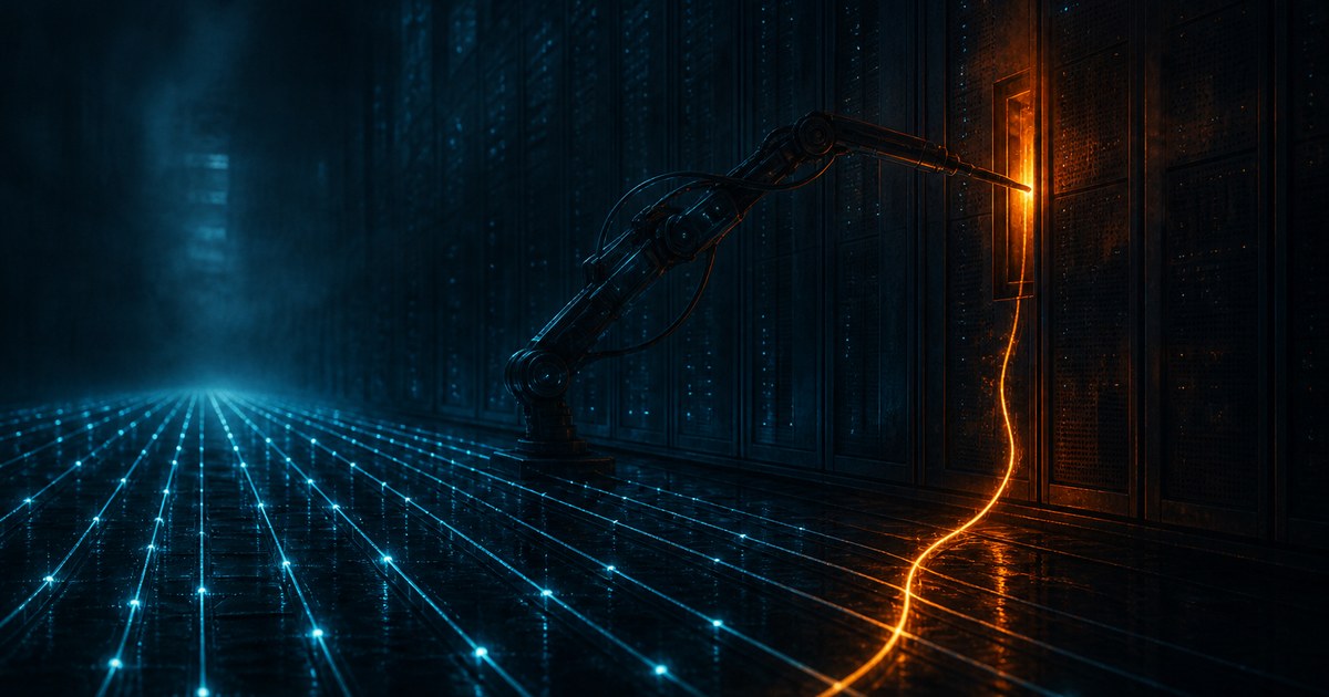 Dark cyberpunk illustration of a night-time corridor of data cabinets, with hundreds of parallel cyan light traces streaming toward the wall and one orange trace curling off course into a glowing service hatch where a mechanical arm probes the seam.