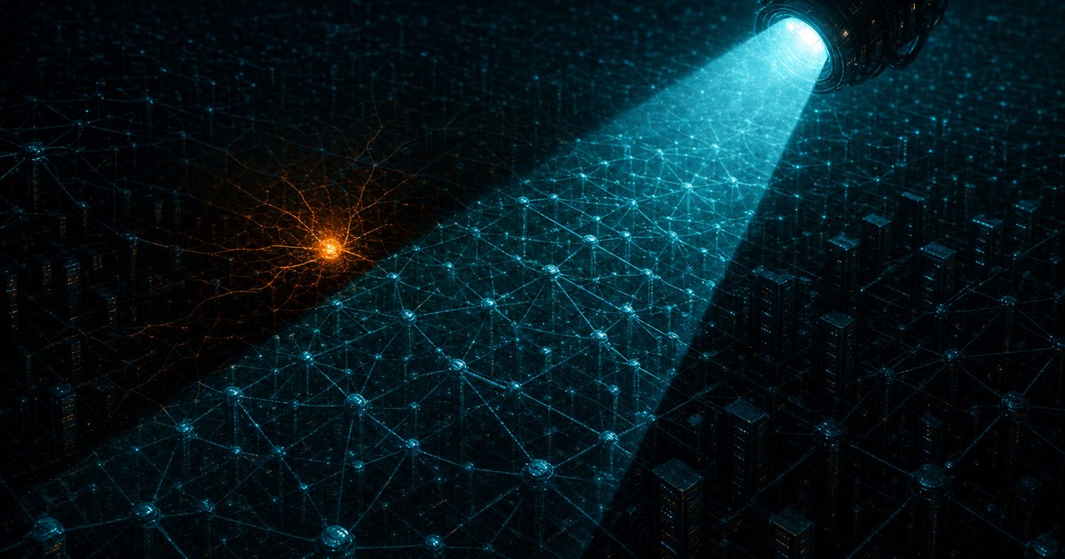 Dark cyberpunk illustration of a cyan radar light sweeping a field of dark servers while one node glows orange and unseen in the unlit gap behind the beam.