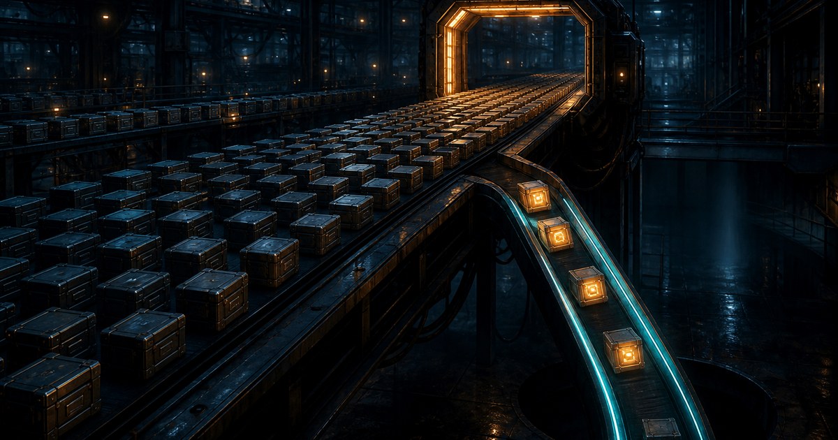 Dark cyberpunk illustration of a night factory floor where thousands of identical sealed crates ride a conveyor through a glowing amber scanning arch, and the few that light up from inside are diverted down a cyan-lit chute into an opening in the floor.