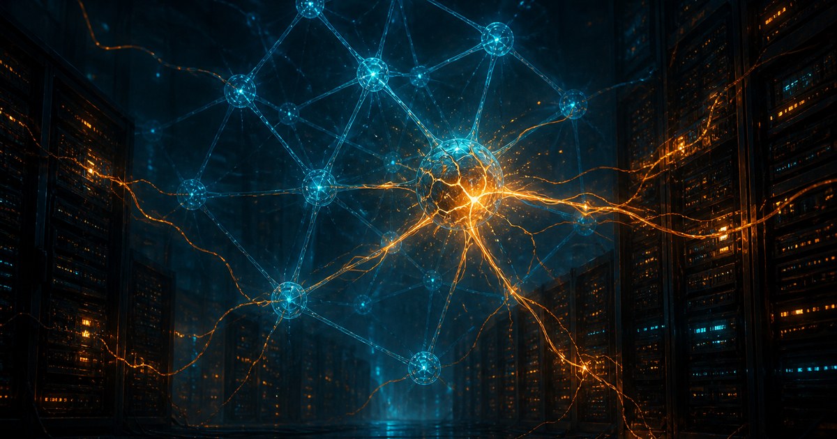 Dark cyberpunk illustration of a cyan neural lattice with one node cracked open, orange light leaking from the fracture and spreading along the connecting threads into the surrounding dark server infrastructure
