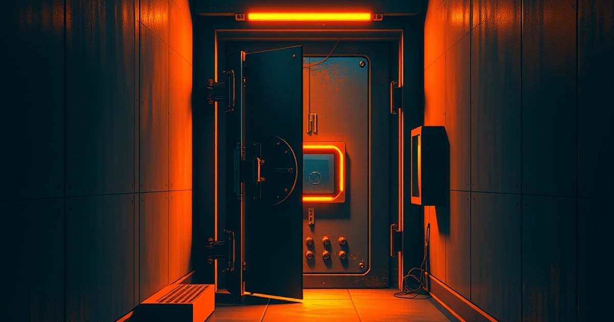 Dark cyberpunk illustration of a heavy vault door standing open in a night-lit corridor while a smaller unmarked hatch beside it glows orange from within.