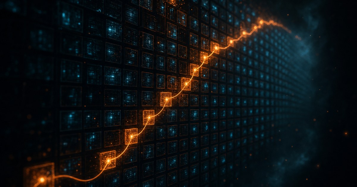 Dark cyberpunk illustration of a grid of threat-intelligence cells in darkness: most glow faint cyan while a diagonal path burns amber, connected by a thread of light, suggesting an AI stitching attack techniques together.