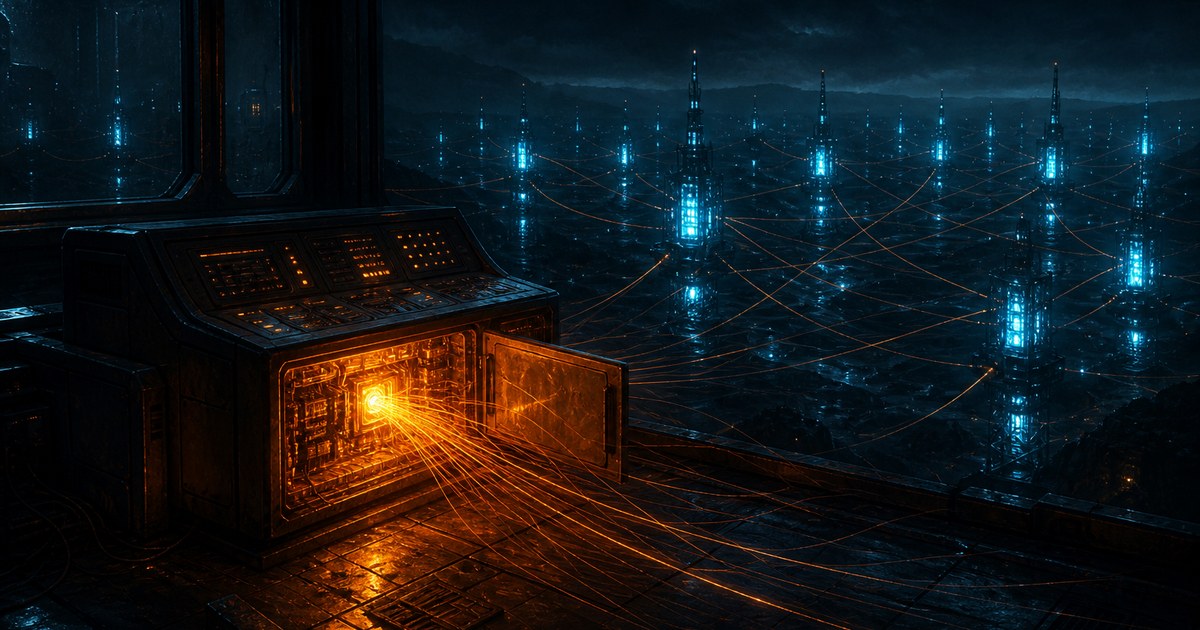 Dark cyberpunk illustration of an unlocked control console glowing amber in a dark control room, its open gate radiating threads of light out to a distant grid of cyan-lit relay towers