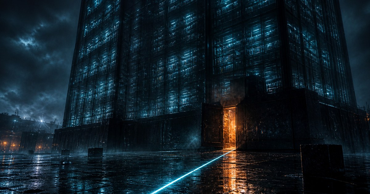 Dark cyberpunk illustration of a tall glass-and-steel archive tower at night, one narrow service hatch near its base glowing amber, with a thin cyan beam of light slipping out across the rain-slick plaza.