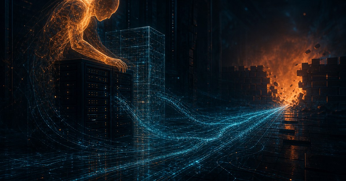 Dark cyberpunk illustration of a translucent amber AI agent interface hovering over a fractured server rack and hypervisor silhouette, cyan data traces spilling across a dark data hall floor.