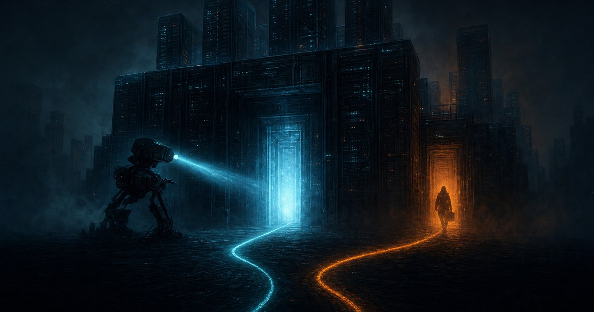 Dark cyberpunk illustration of a fortress gate at night where a scanning beam guards a glowing decoy doorway while a hidden side door bleeds orange light as a shadow slips through.