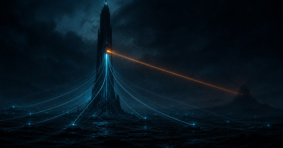 Dark cyberpunk illustration of a lone monolithic relay tower on a night plain, with dozens of thin cyan light filaments arcing into it from small scattered points on the horizon and one amber filament continuing past it toward an unlit peak in the distance.