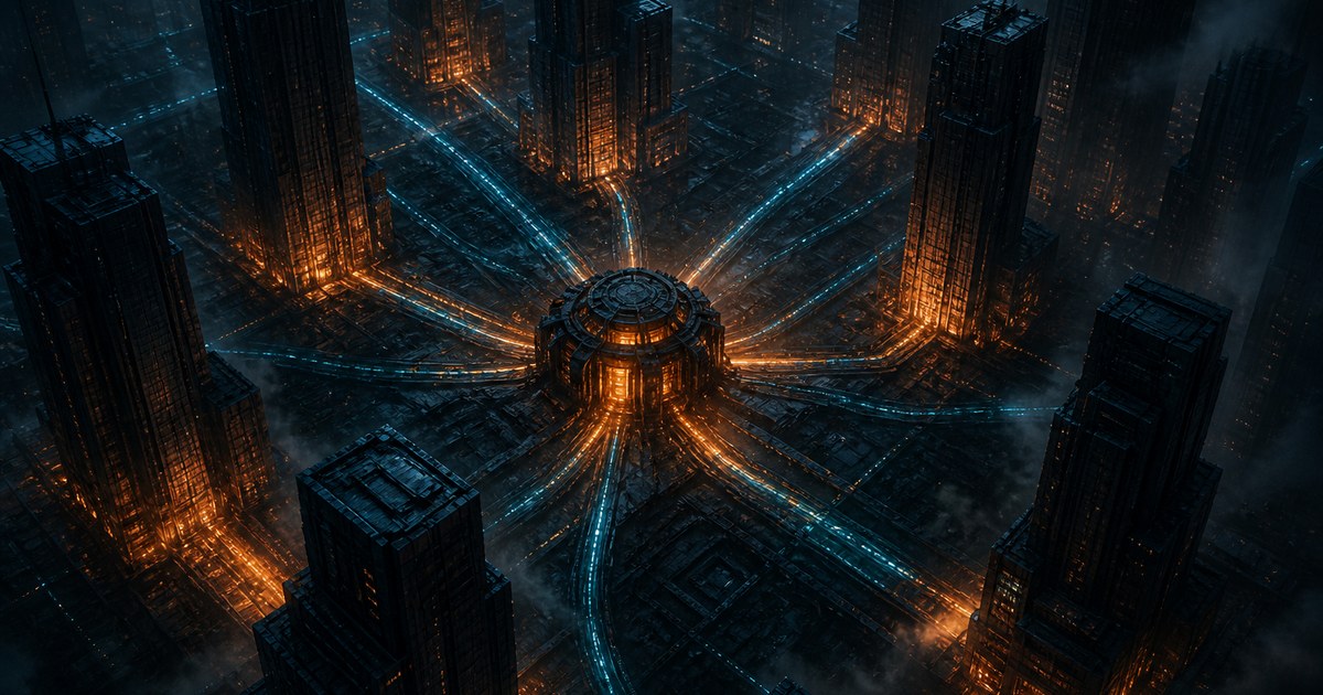 Dark cyberpunk aerial illustration of a night city of unlit towers, with a single circular maintenance hub at the center burning amber and pushing that light outward along radiating cyan service conduits into the bases of the surrounding buildings.