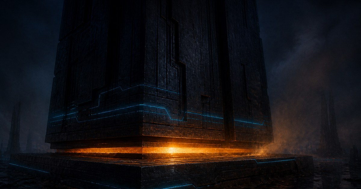 Dark cyberpunk illustration of a colossal black tower resting on a stone foundation slab, thin cyan light traces running along its lower courses while vivid orange light floods upward through the gap beneath the slab.