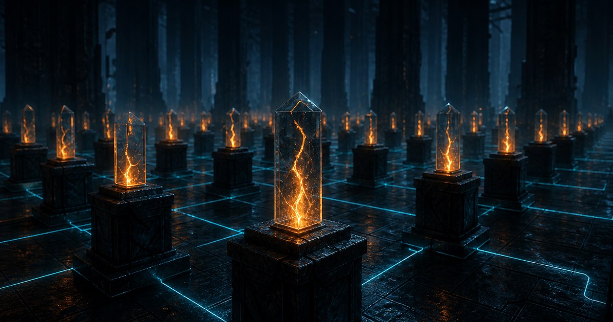 Dark cyberpunk illustration of one cracked glass prism repeated across dozens of identical pedestals in a cavernous hall, each copy lit from inside in amber while cyan light threads run between them.
