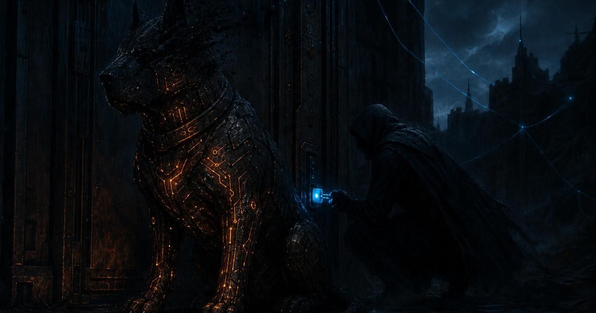 Dark cyberpunk illustration of a glowing orange cyber sentinel hound powering down at a fortified gate while a shadowy figure slips a cyan key into the lock behind it.
