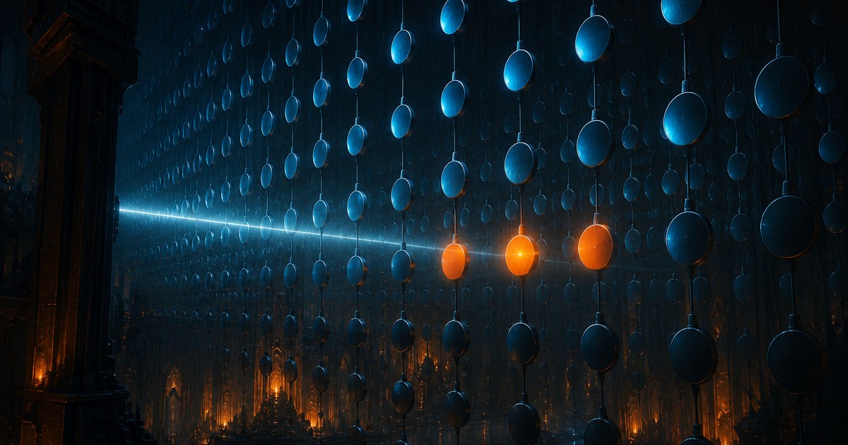 Dark cyberpunk illustration of a vast night hall hung with hundreds of identical blank metal discs glowing faint cyan, three of them lit bright orange among the rows, with a thin beam of light sweeping across the ranks.