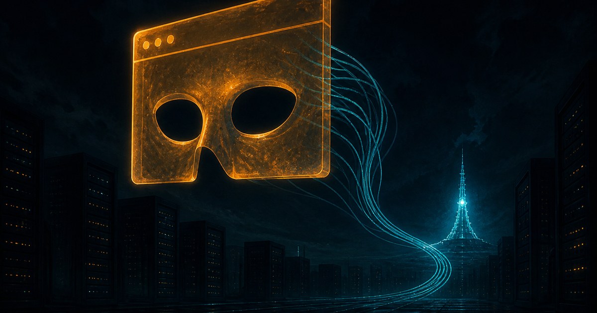 Dark cyberpunk illustration of a browser window glowing amber like a hollowed puppet, its debugging port wired open to a cyan data channel disappearing into a relay tower at night.
