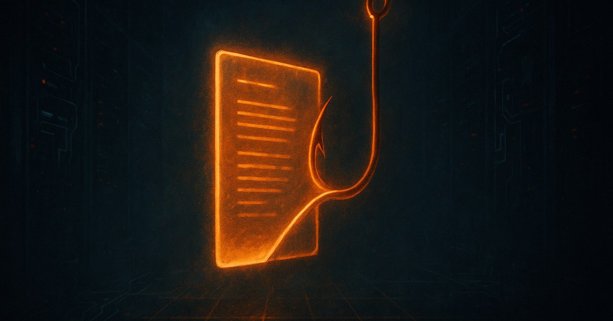 Dark cyberpunk illustration of a glowing web-page panel whose edge curls into a barbed fishhook of orange light over a cyan circuit grid, with a small pulsing beacon at the hook's tip.