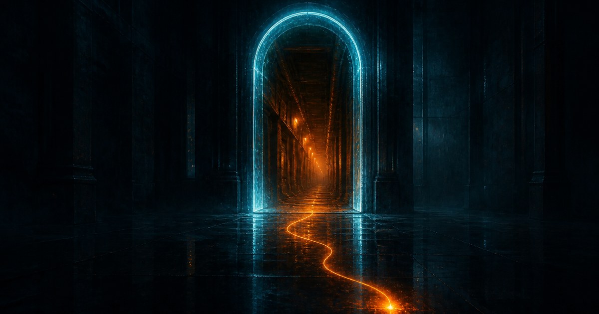 Dark cyberpunk illustration of a cyan-lit archway standing in an empty black hall, opening onto a completely different amber-lit corridor, with a thin orange trail of light running from the doorway across a wet reflective floor toward the viewer.