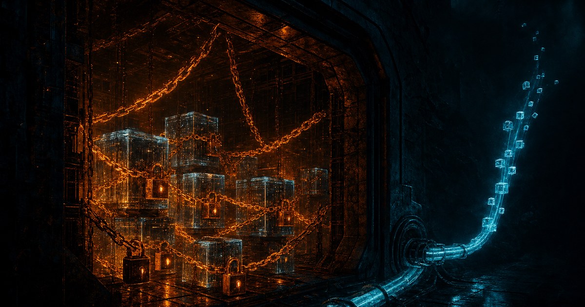 Dark cyberpunk illustration of a glowing cyan data conduit siphoning glass data cubes out of a dim server vault while molten-orange lock chains clamp the cubes that remain.