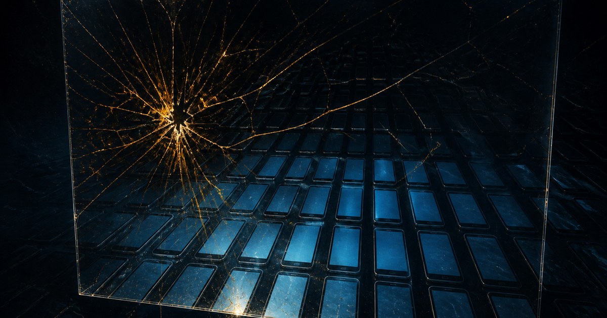 Dark cyberpunk illustration of a cracked glass pane with amber fracture lines over a receding grid of glowing cyan device silhouettes fading into darkness.