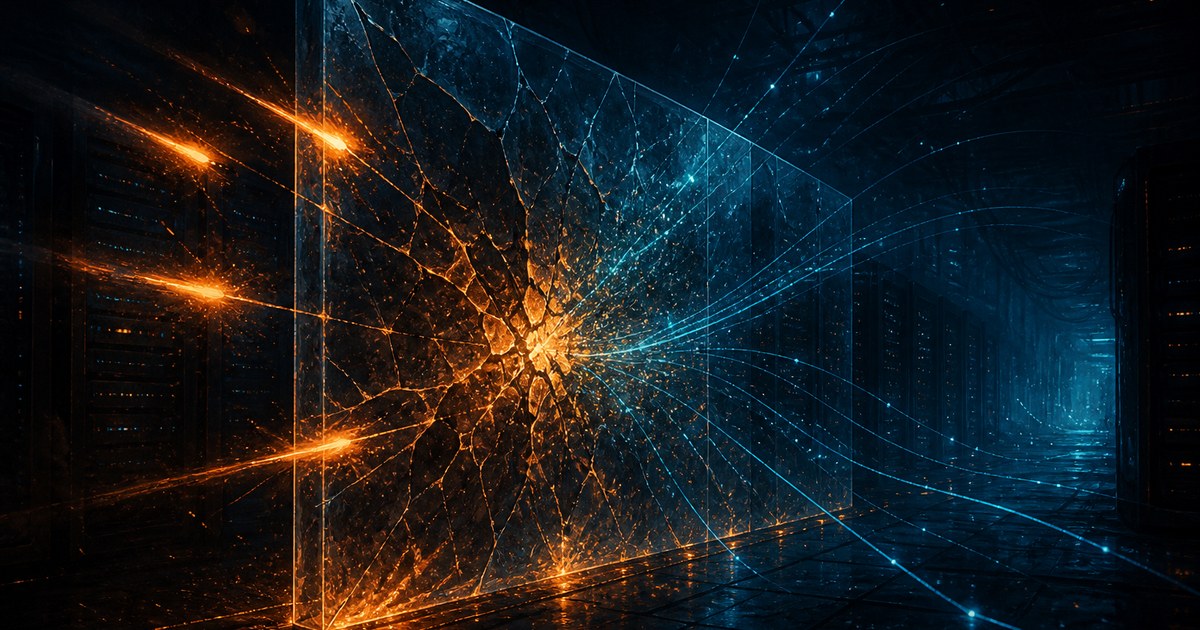 Dark editorial illustration of a glass firewall icon fracturing under repeated orange impact bursts in a dark server room, cyan network traces scattering around it.