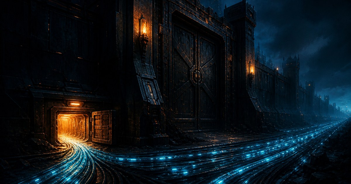 Dark cyberpunk illustration of a heavy network gatehouse at night with its side service hatch standing open, amber light spilling out across rows of cyan cable runs that lead away into darkness.