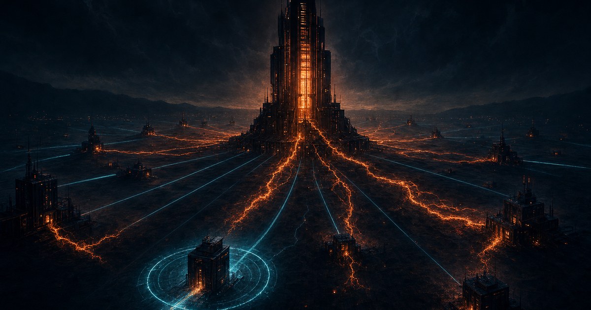 Dark cyberpunk illustration of a central glowing control tower wired by cyan light traces to many small darkened branch buildings, while one forged node slips past a checkpoint and orange corruption spreads outward along the cables.