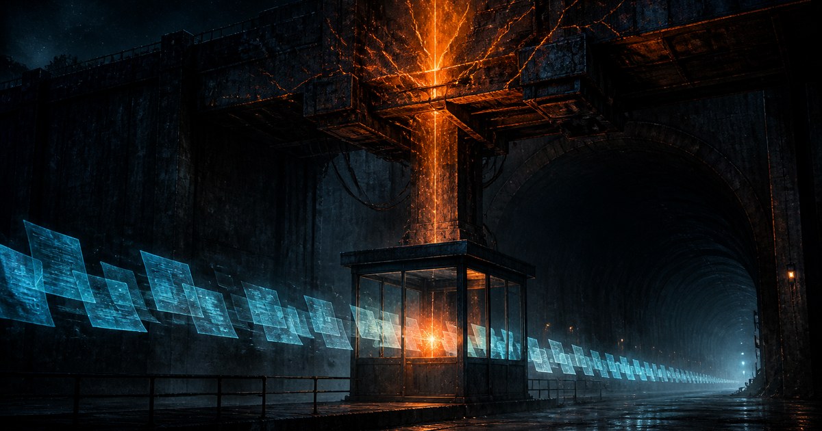 Dark cyberpunk illustration of a floodlit inspection booth at the mouth of a night tunnel, with a stream of pale cyan panels passing through it and one burning amber panel inside the booth sending fracture light up into the steel gantry overhead.