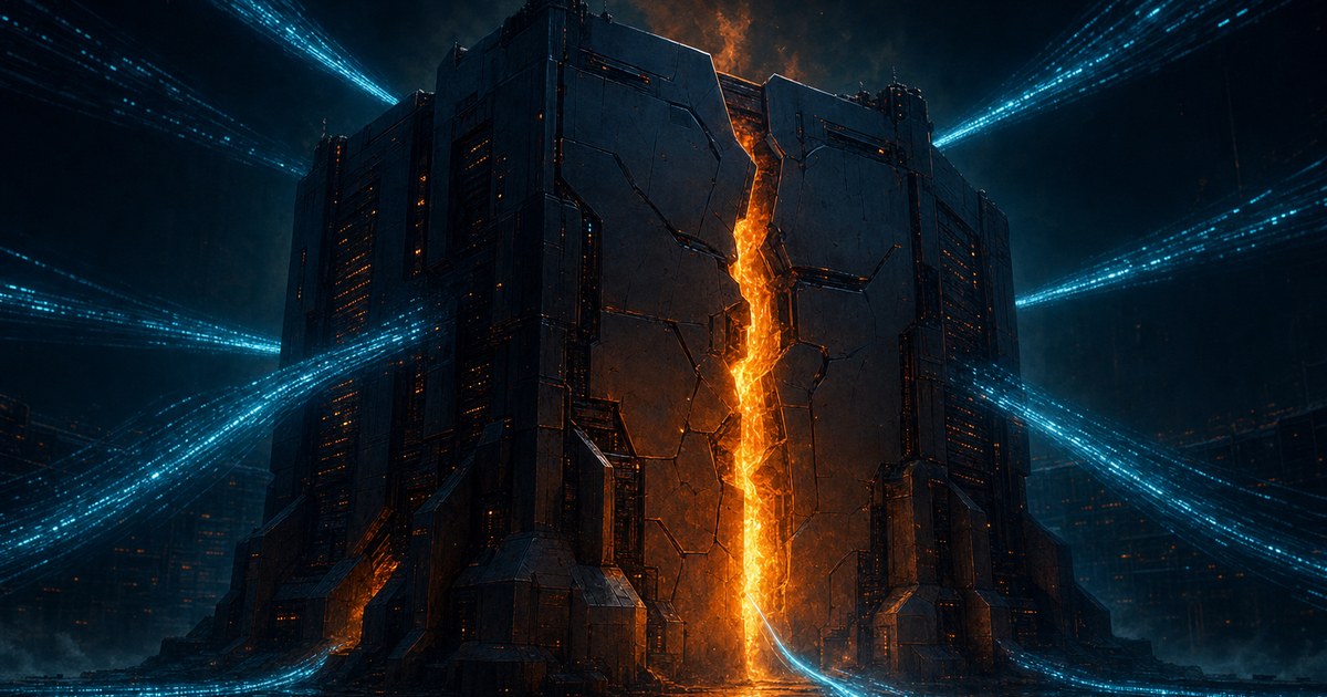 Dark cyberpunk illustration of a fortified network gateway structure at night, split by a molten orange fracture down its center, with streams of cyan light converging on it from every direction.