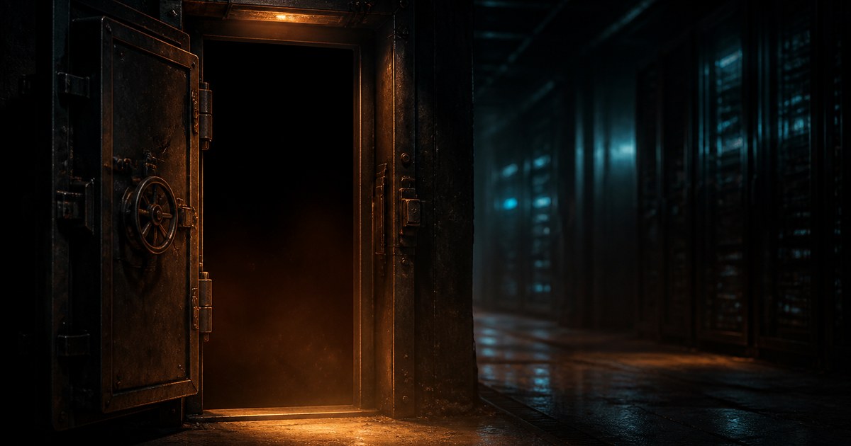 Dark cyberpunk illustration of a heavy steel vault door standing wide open at the edge of an unlit server hall, amber light spilling across the floor while blue-lit racks recede into haze.