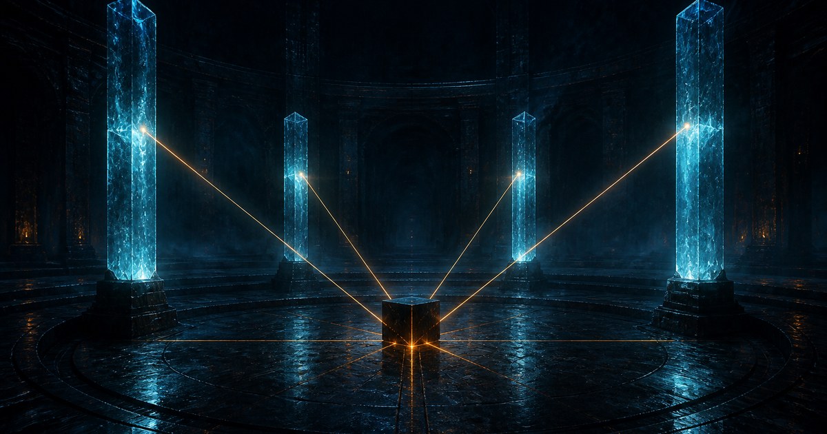 Dark cyberpunk illustration of a circular stone chamber at night with four tall glowing cyan monoliths around the rim, each sending a thin amber beam inward to a single small black cube resting on the wet reflective floor.