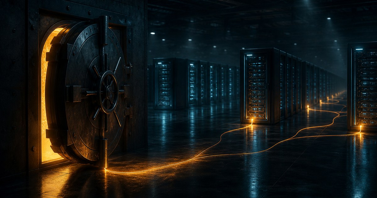 Dark cyberpunk illustration of a heavy vault door standing ajar in a night-time server hall, with a thread of amber light running from the opening across the floor and branching out to touch rows of cold cyan-lit cabinets.