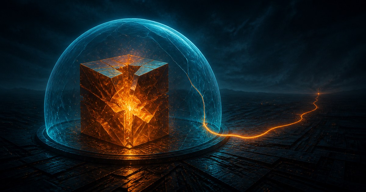 Dark cyberpunk illustration of a sealed amber-lit cube opening from the inside within a cyan containment dome, a thin amber thread of light escaping across an unlit circuit plain.