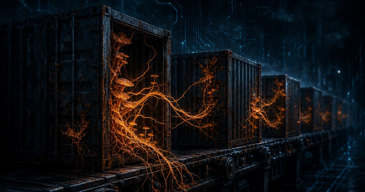 Dark cyberpunk illustration of a glowing orange parasitic tendril threading through a chain of dark metal shipping containers on a conveyor belt at night, cyan circuitry tracing the background.
