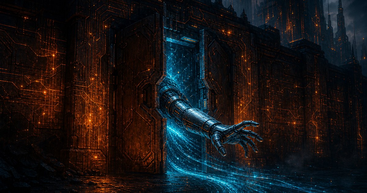 Dark cyberpunk illustration of a robotic hand reaching through a cracked gate in a glowing orange wall, with cyan command-line light leaking past it into the dark.