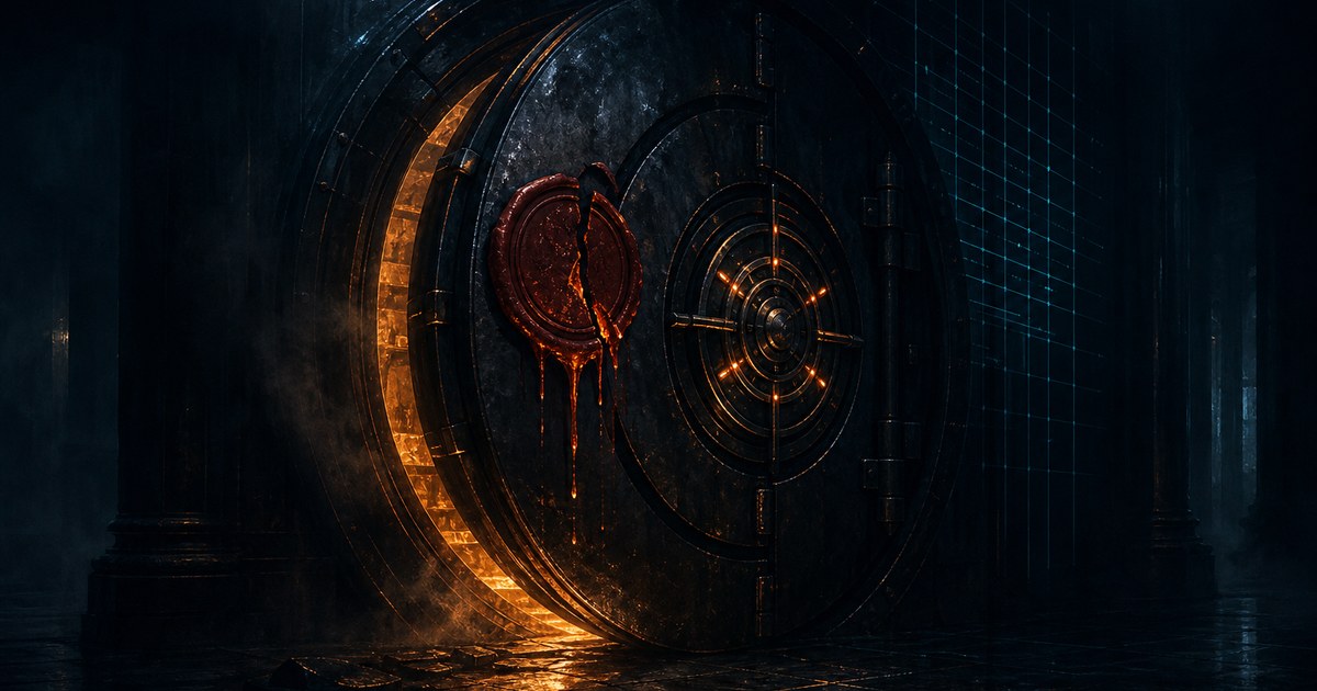 Dark cyberpunk illustration of a heavy vault door standing ajar at night, a broken wax seal glowing amber while a stream of light leaks out, with cool cyan ledger lines fading into the dark behind it.