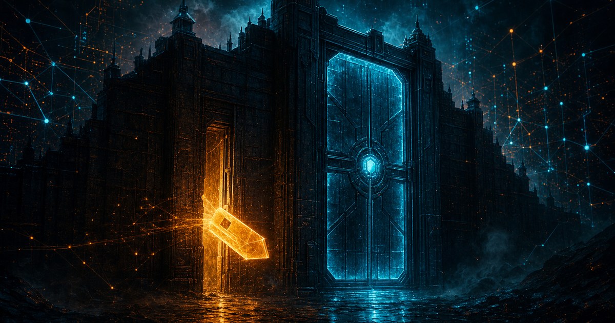Dark cyberpunk illustration of a glowing access token slipping through a cracked door beside a fortified identity gate, amber light against a cyan grid.