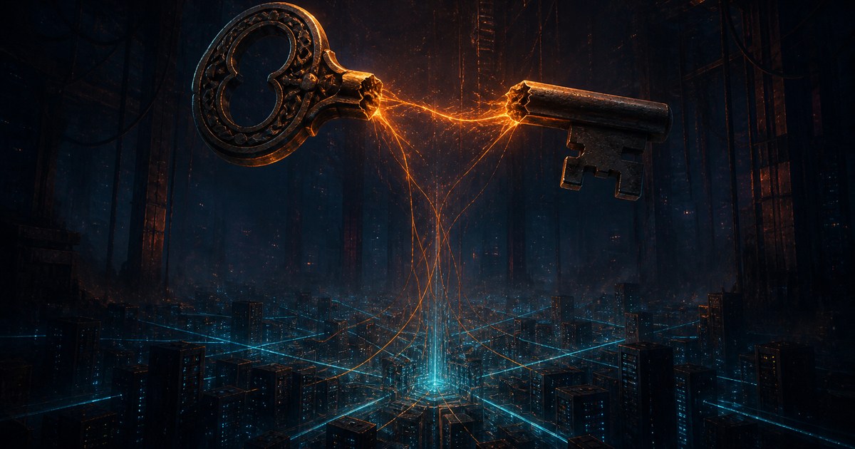 Dark cyberpunk illustration of a fractured key suspended above a lattice of glowing server towers, one node cracked open and bleeding orange light into a cyan network grid.