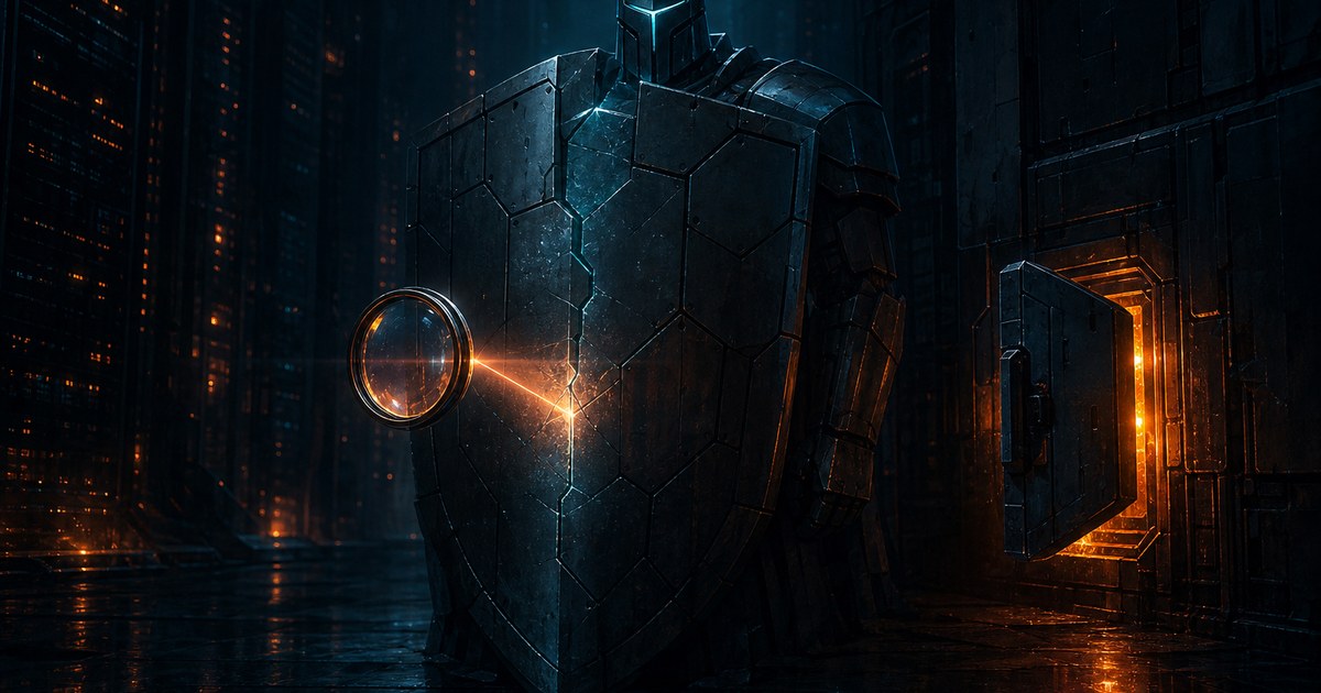 Dark cyberpunk illustration of an armored shield deep in a server hall, a lens raised to a faint hairline crack, while a small separate door glows amber in the wall behind it.