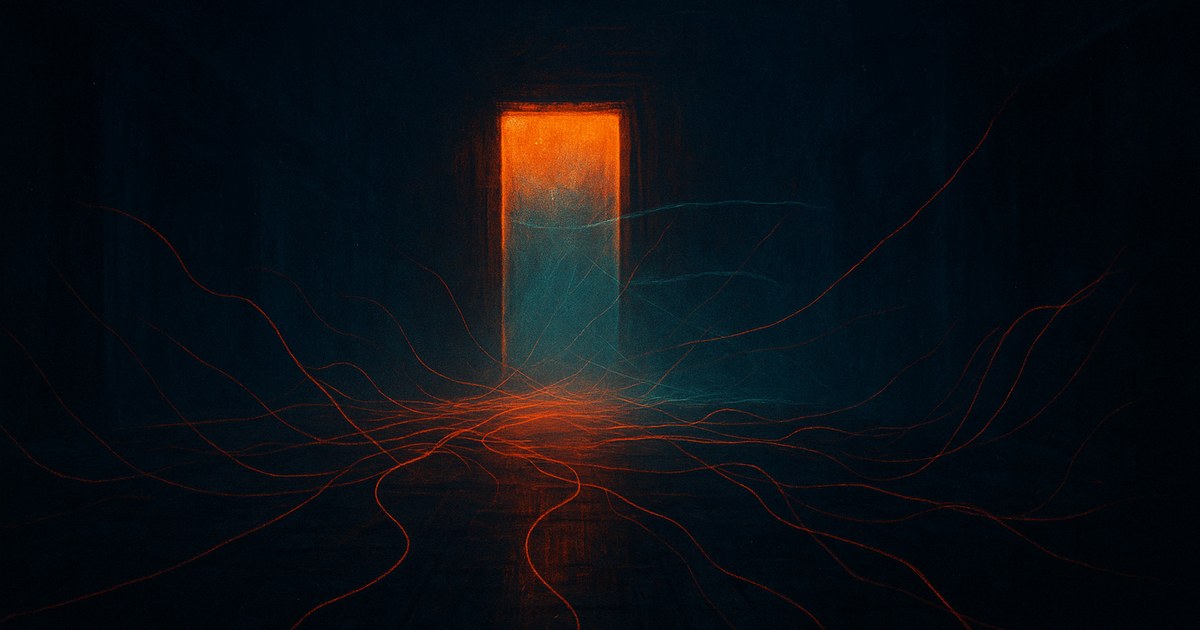 Dark cyberpunk illustration of a single lit doorway in a vast night-time hall, with stray orange threads of light reaching toward the frame and stopping short against a faint cyan barrier.