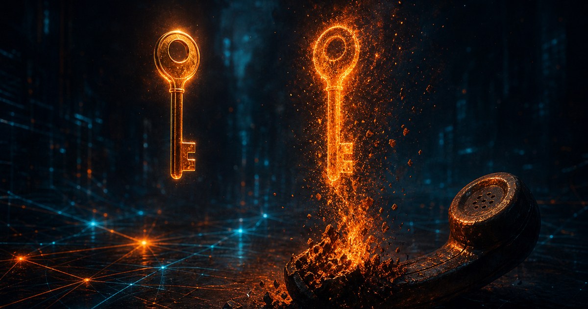 Dark cyberpunk illustration of a glowing key over a network lattice beside a duplicate key forged from embers rising off a telephone handset.