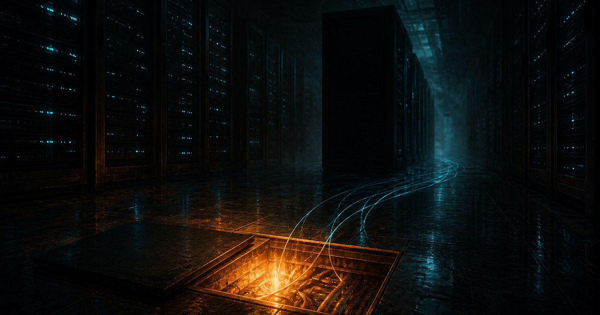 Dark cyberpunk illustration of a server hall at night where one rack has gone dark while amber light spills from an open floor panel and thin cyan filaments run away into the shadows.