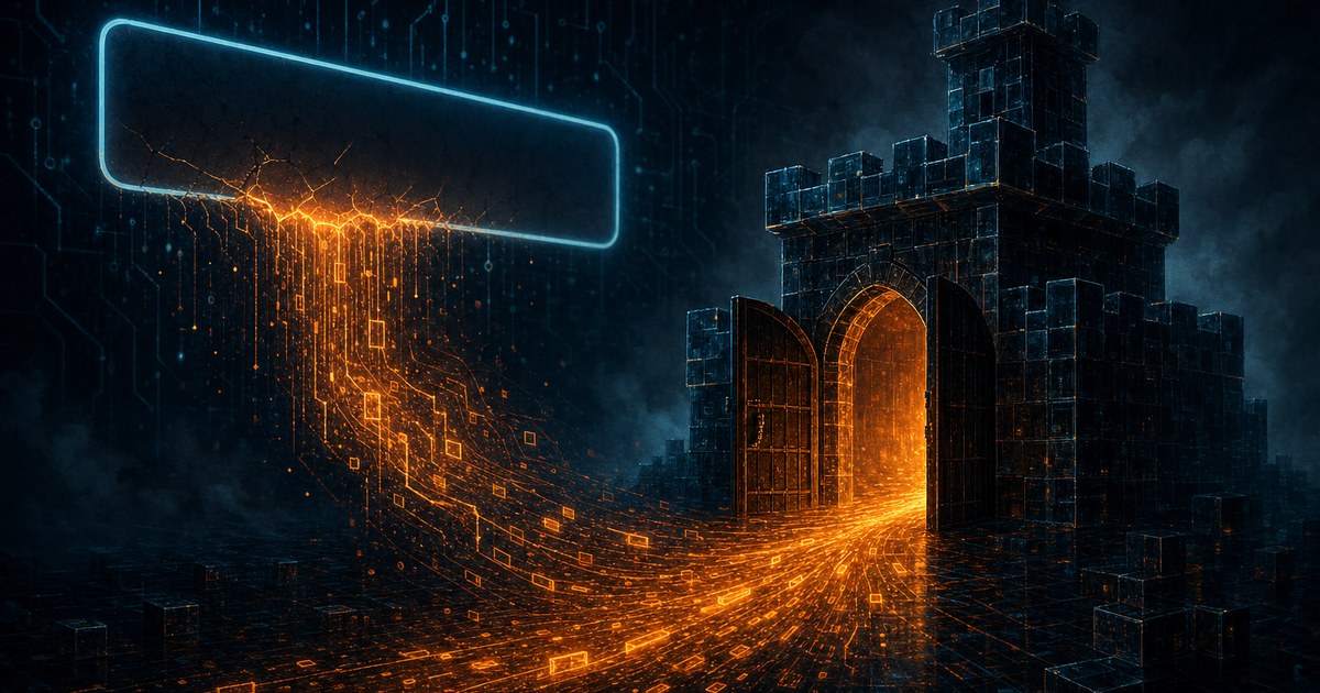 Dark cyberpunk illustration of a glowing web form field on a screen cracking open, orange code spilling out toward a small fortress whose front gate swings wide.