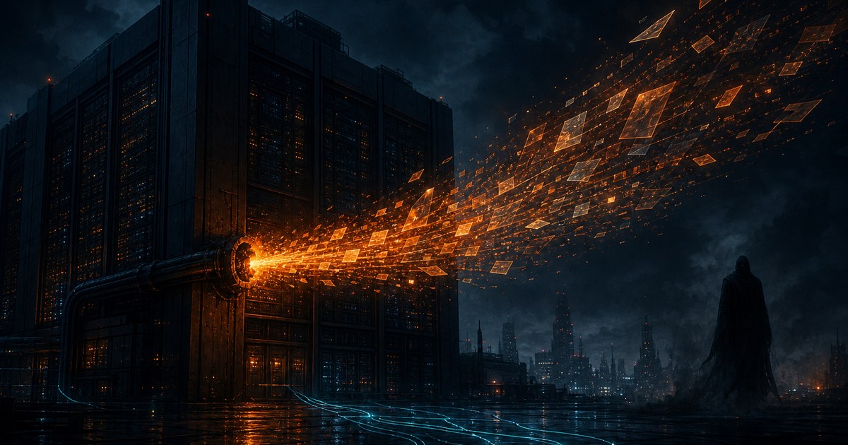 Dark cyberpunk illustration of data streaming out of a building through a glowing orange breach in a pipe, files flowing into the night while the structure itself stays intact.