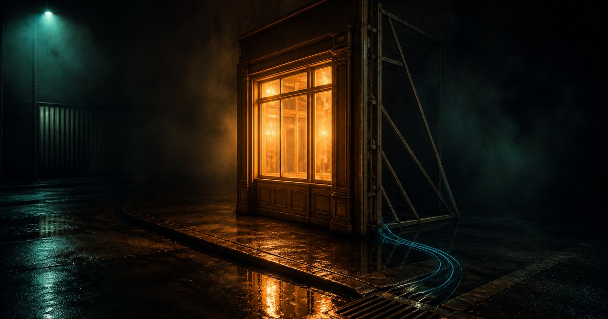 Dark cyberpunk illustration of a lone shopfront glowing warm amber on a wet night street, seen from the side so the storefront is revealed as a shallow facade propped up by scaffolding with nothing behind it, and thin cyan fibre cables running from behind the facade into a storm drain.