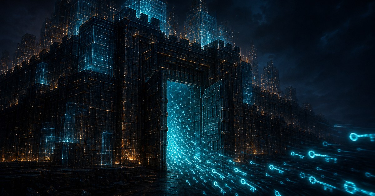 Dark cyberpunk illustration of a fortified gatehouse at night made of glowing data blocks, its front gate ajar while a stream of cyan light keys siphons out into the darkness past a faint amber perimeter.